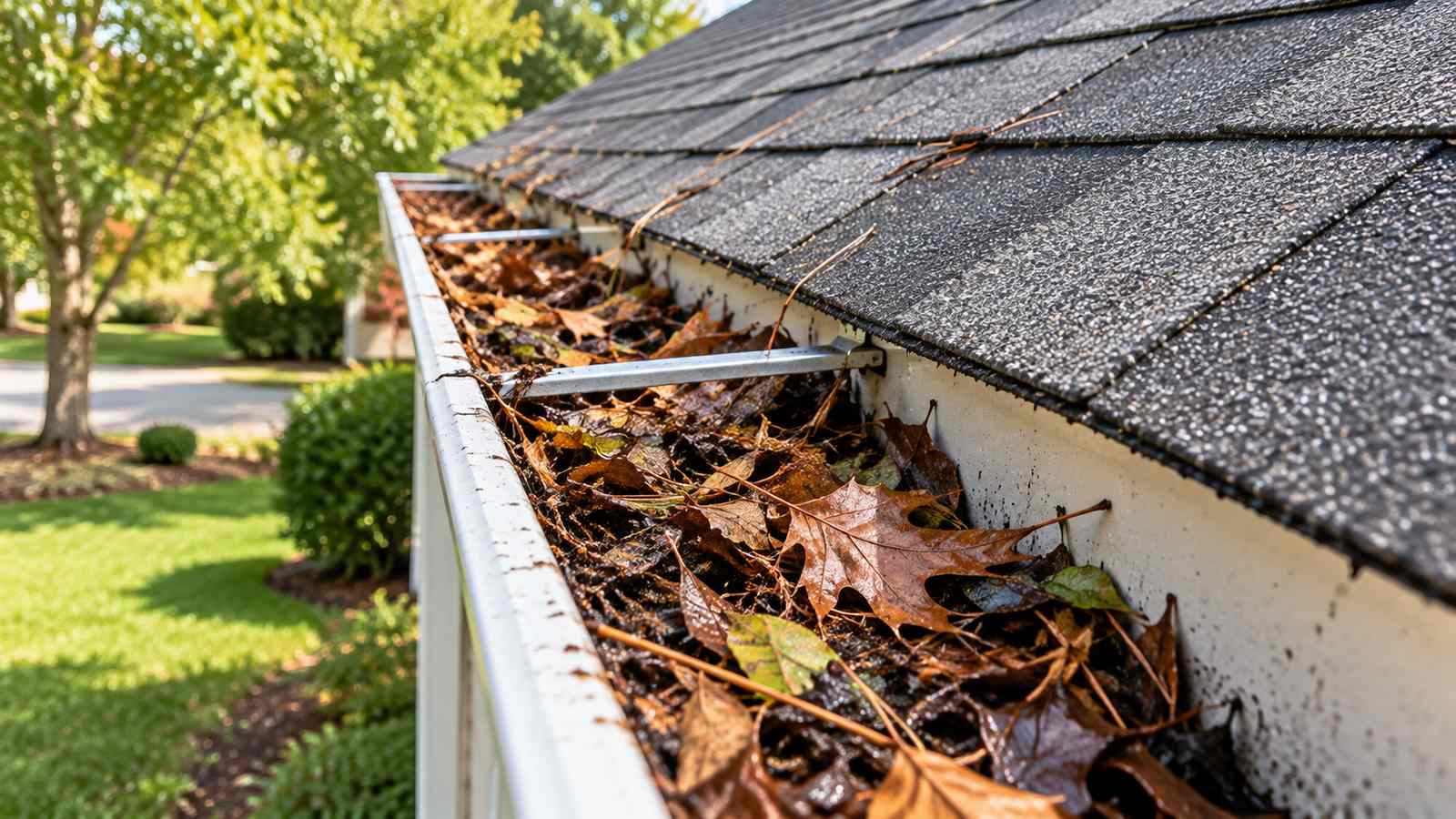 Hand-cleaning a gutter packed with debris in Miami