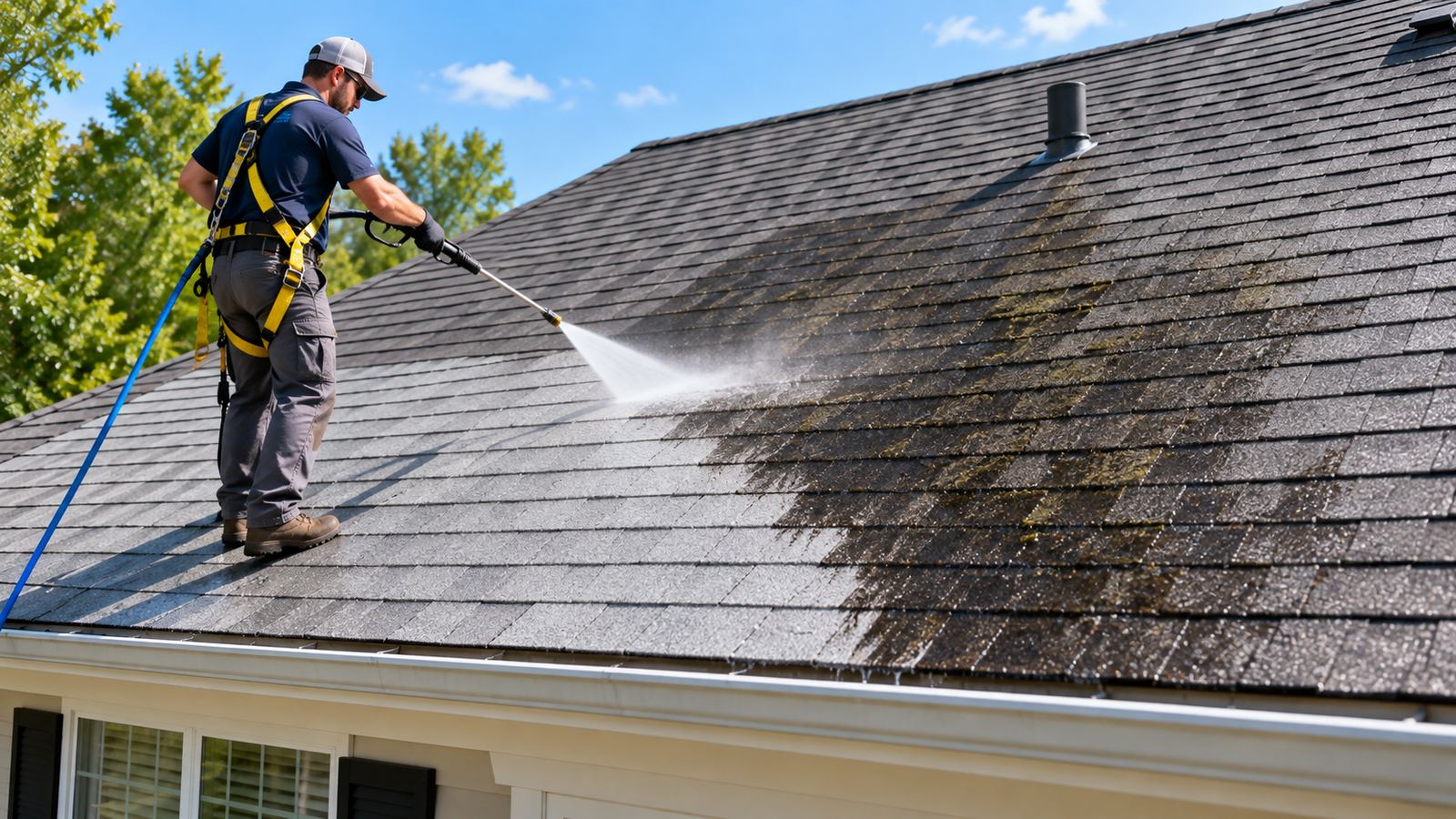 Roof pressure washing removing dark algae streaks from a Miami roof