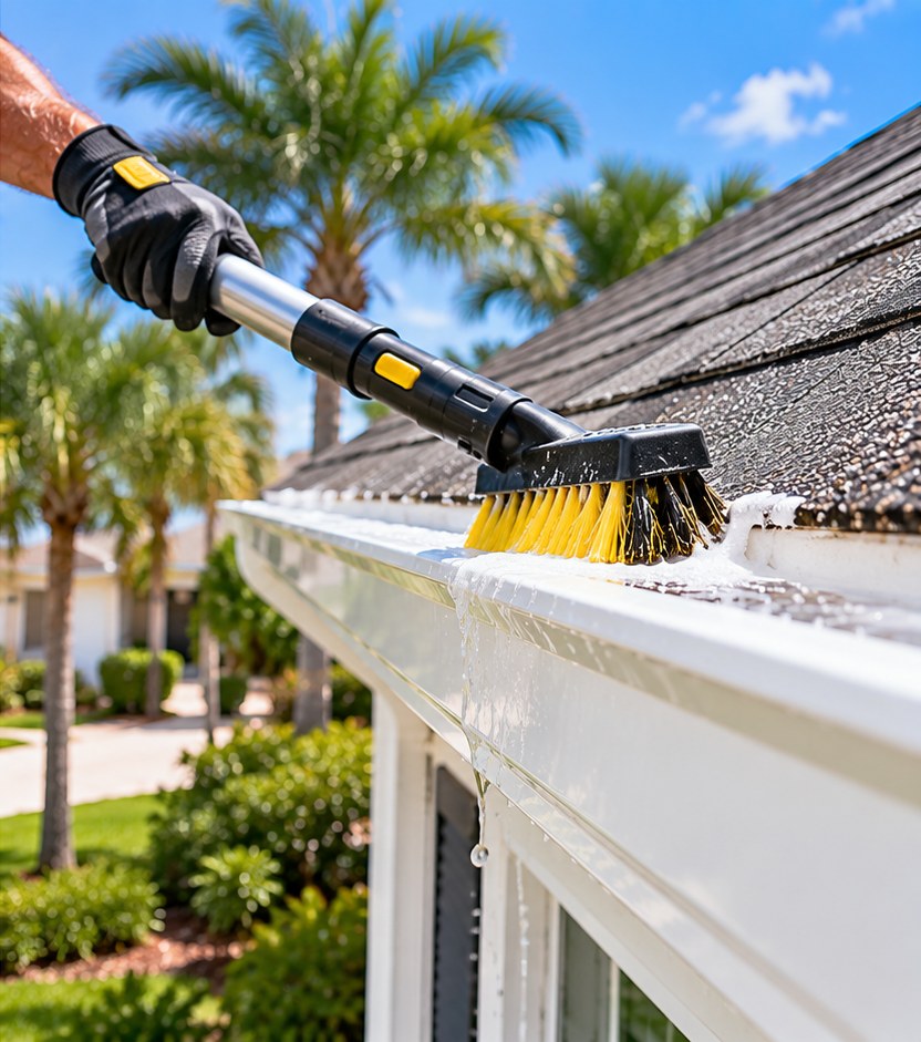 Fast Pro technician brightening a gutter on a Florida City home