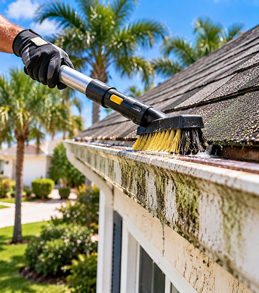 Before gutter brightening in Florida City: dark tiger stripes on the gutter face